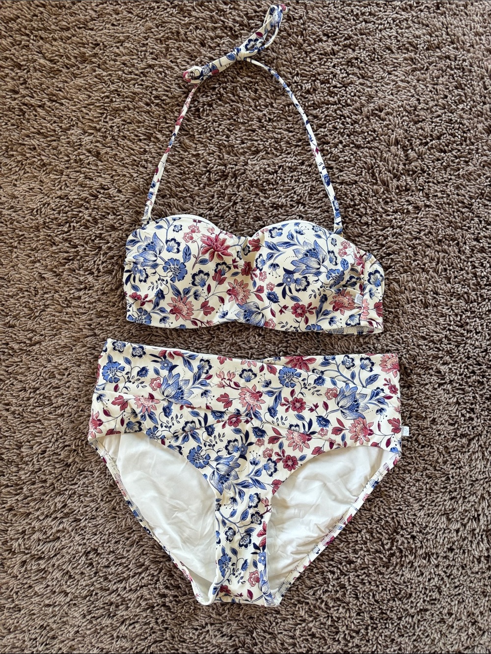 La Vie En Rose Cream Floral Bandeau Bikini with Blue & Pink Flowers
